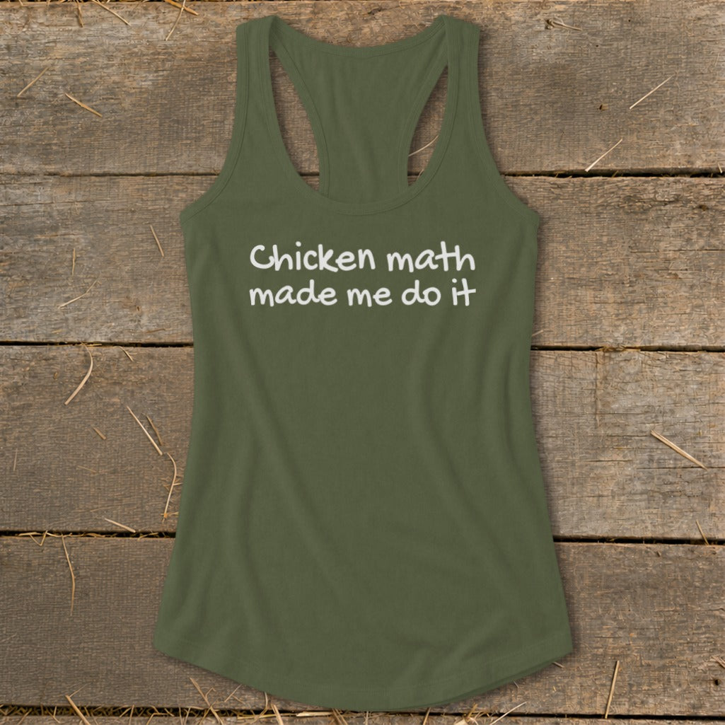 Olive green racerback tank top with white text "Chicken math made me do it".