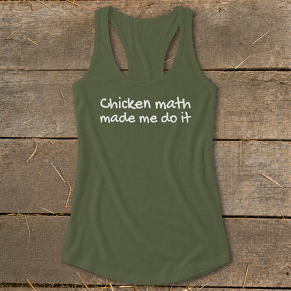 Olive green racerback tank top with white text "Chicken math made me do it".