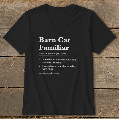 Black t-shirt with "Barn Cat Familiar" definition and spooky season reference.