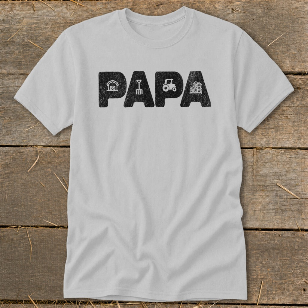Light gray t-shirt with black text "PAPA" featuring farm icons.