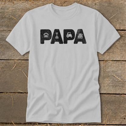 Light gray t-shirt with black text "PAPA" featuring farm icons.