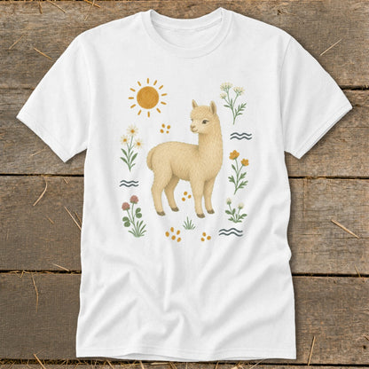 White t-shirt featuring a cream alpaca surrounded by sun, flowers, and wavy lines.