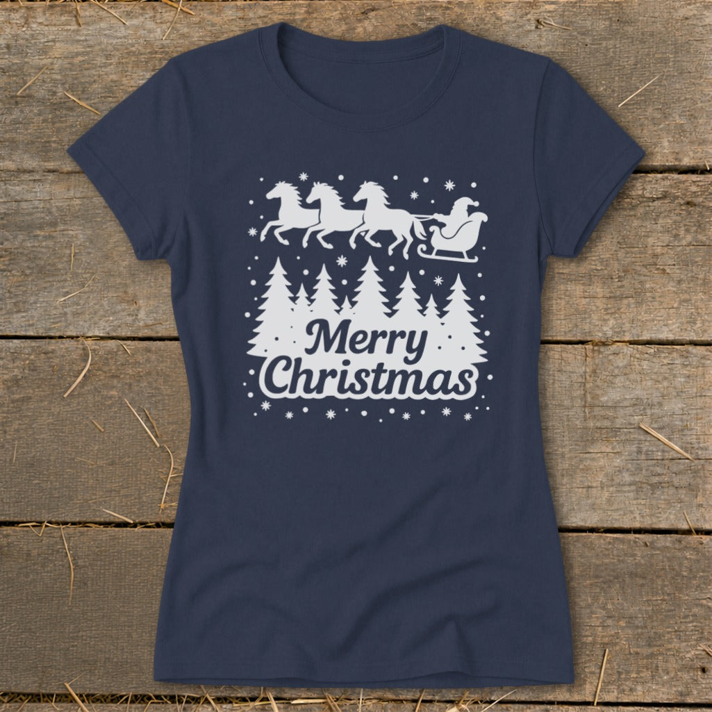 Navy t-shirt with white Merry Christmas text and horse-drawn sleigh graphic.