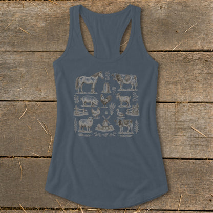Tank top with vintage farm animal illustrations: horse, cows, pig, sheep, chicken, goat, rooster, duck, windmill.