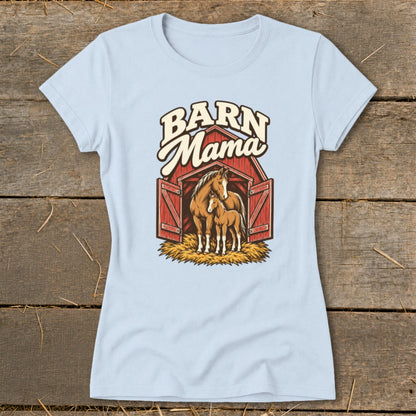 Light blue t-shirt graphic with horses and "Barn Mama" text.