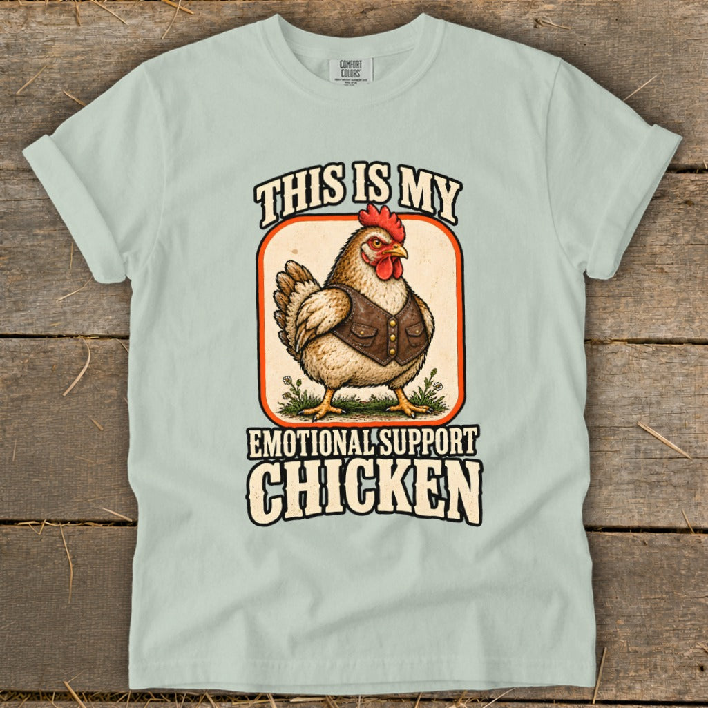 Chicken wearing a vest with text "This Is My Emotional Support Chicken".