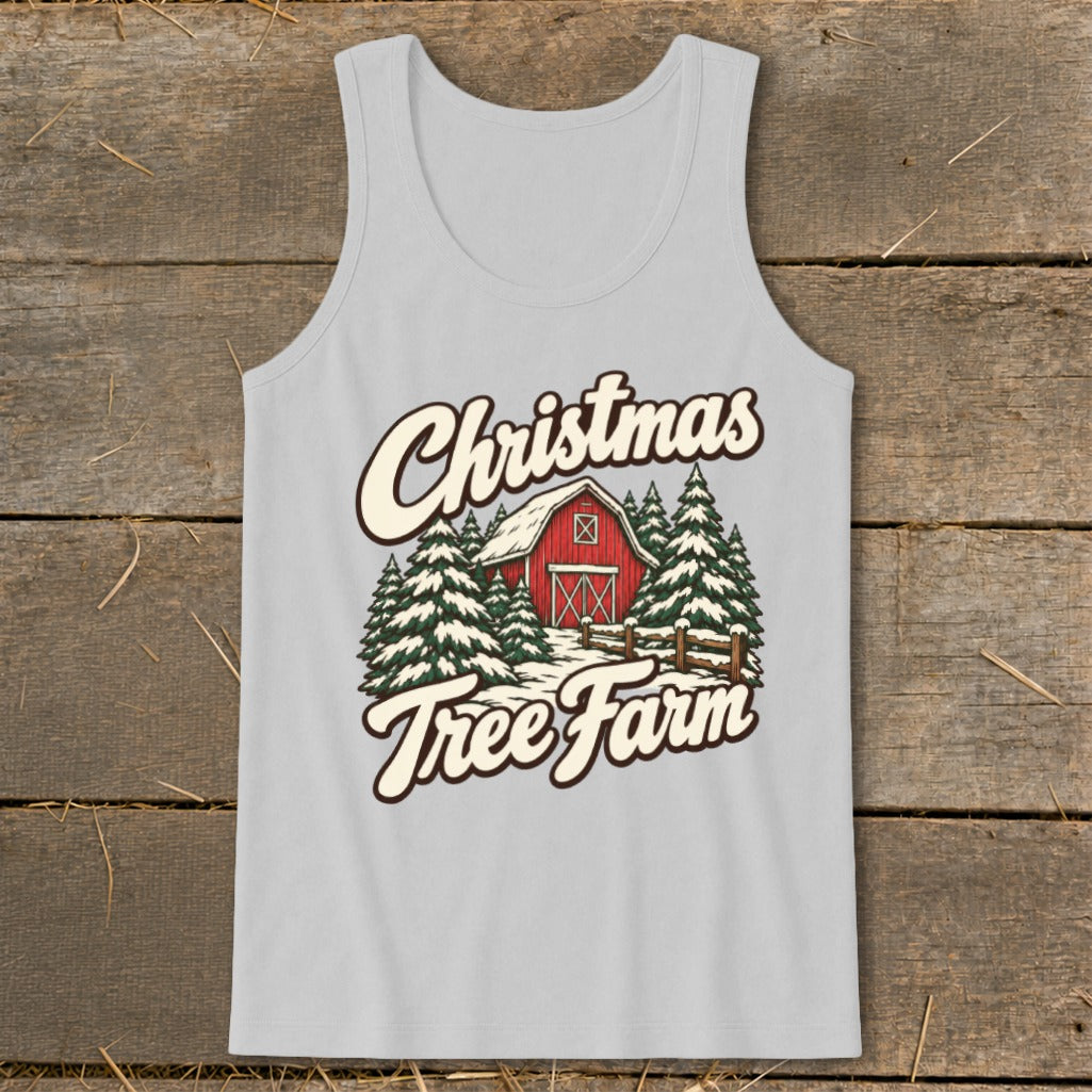 Light grey tank top with "Christmas Tree Farm" graphic featuring a red barn and snow-covered pine trees.
