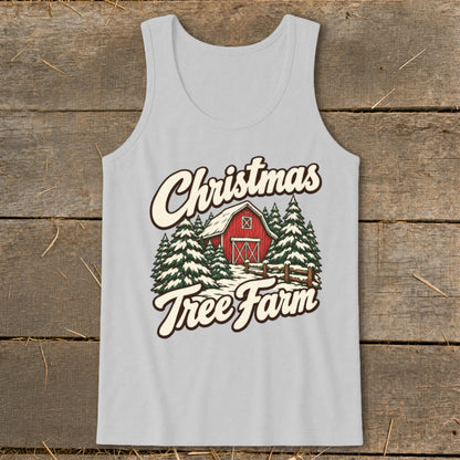 Light grey tank top with "Christmas Tree Farm" graphic featuring a red barn and snow-covered pine trees.