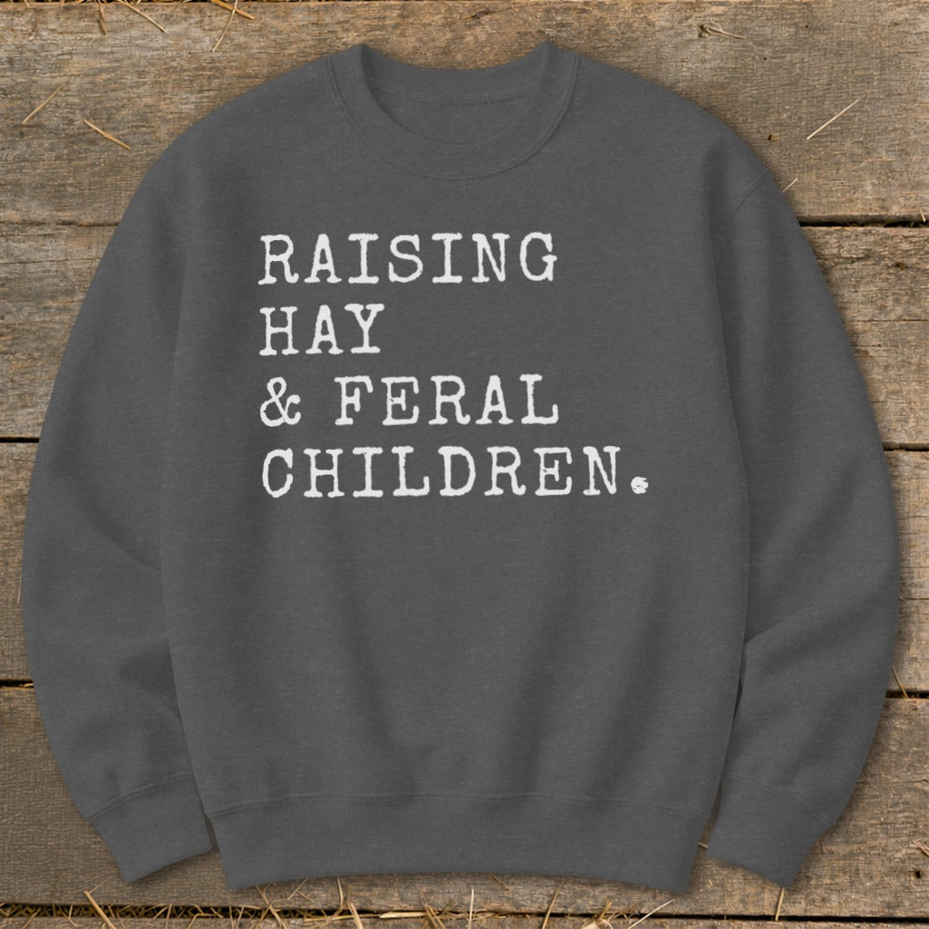 Dark gray sweatshirt with white text reading "RAISING HAY & FERAL CHILDREN."