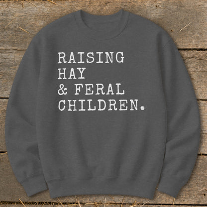 Dark gray sweatshirt with white text reading "RAISING HAY & FERAL CHILDREN."