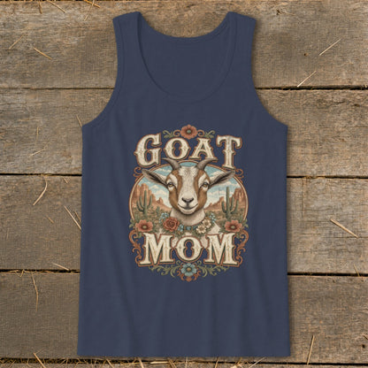 Navy tank top with "GOAT MOM" text and a goat's head surrounded by desert flora.