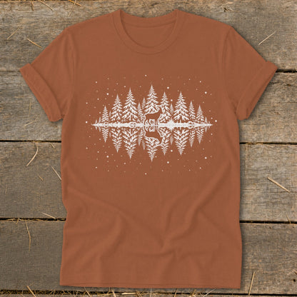 Orange t-shirt with white pine trees, deer, and reflection graphic.