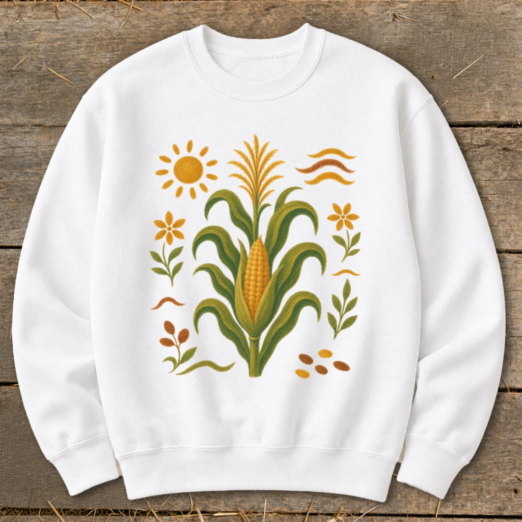 White sweatshirt with a central corn stalk, sun, flowers, and leaves graphic.