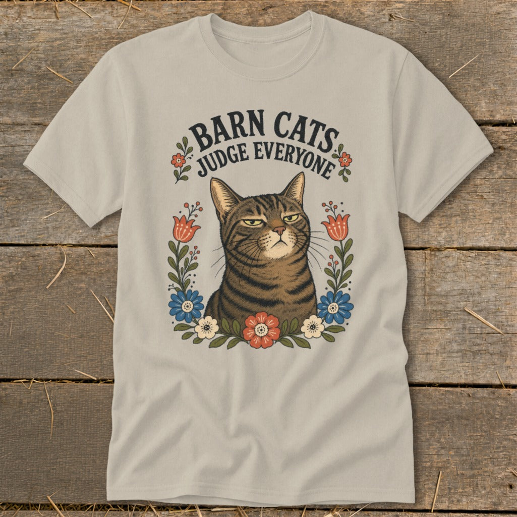 T-shirt with a tabby cat surrounded by flowers and the text "BARN CATS JUDGE EVERYONE".