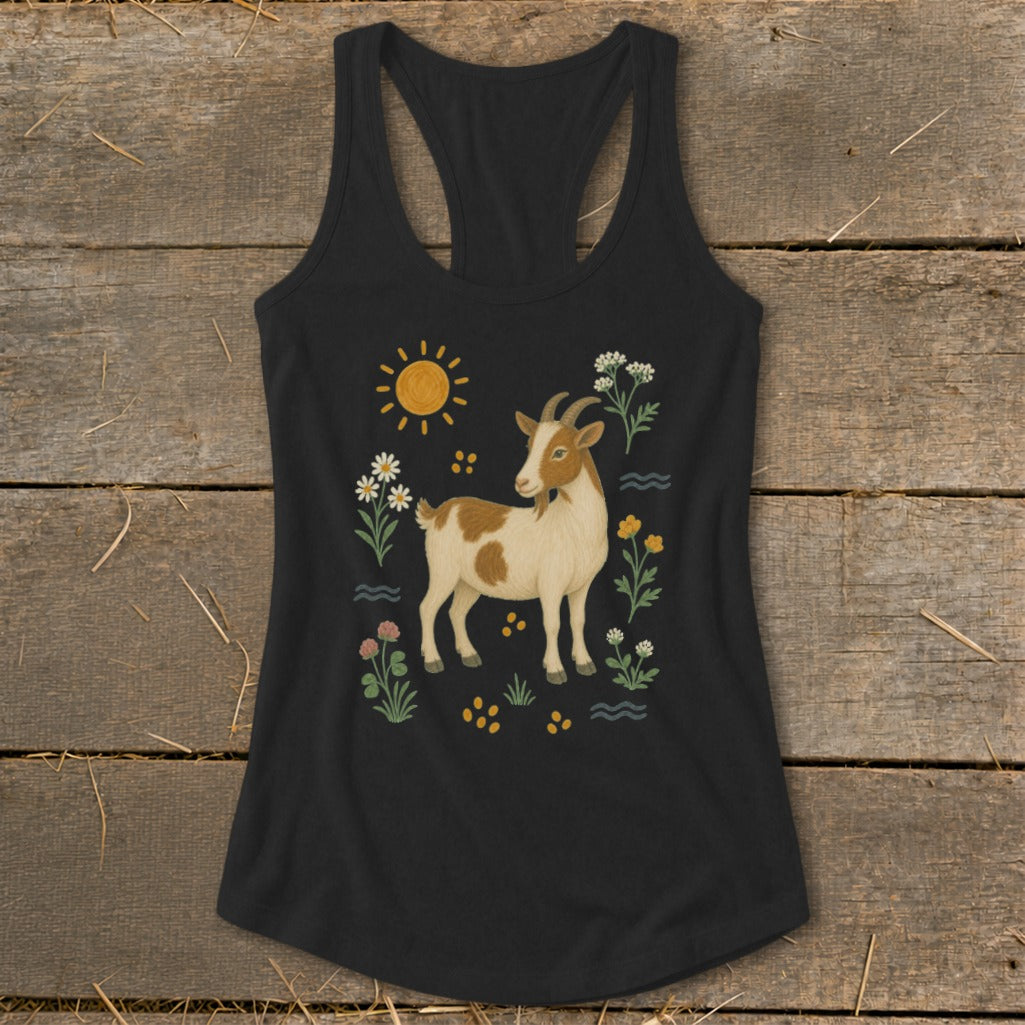 Black tank top with a tan and white goat, sun, and wildflowers graphic.