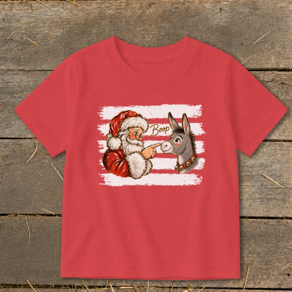 Santa Claus booping a donkey with the word "Boop" on a red shirt.