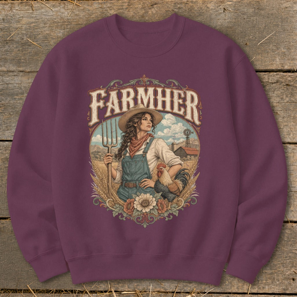 Farmher graphic with woman, pitchfork, rooster, flowers, wheat, and farm buildings.