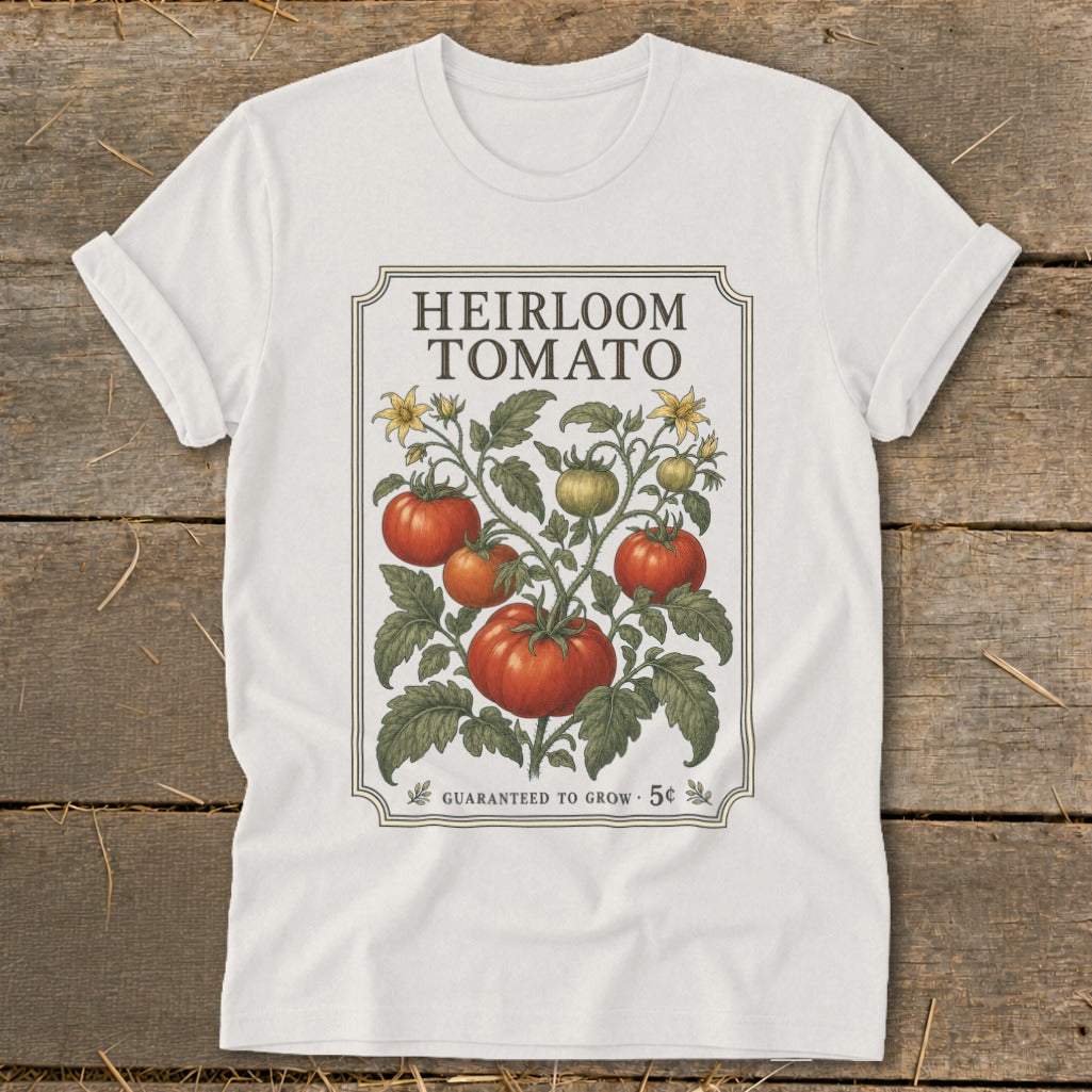 White t-shirt with a vintage heirloom tomato illustration and text.