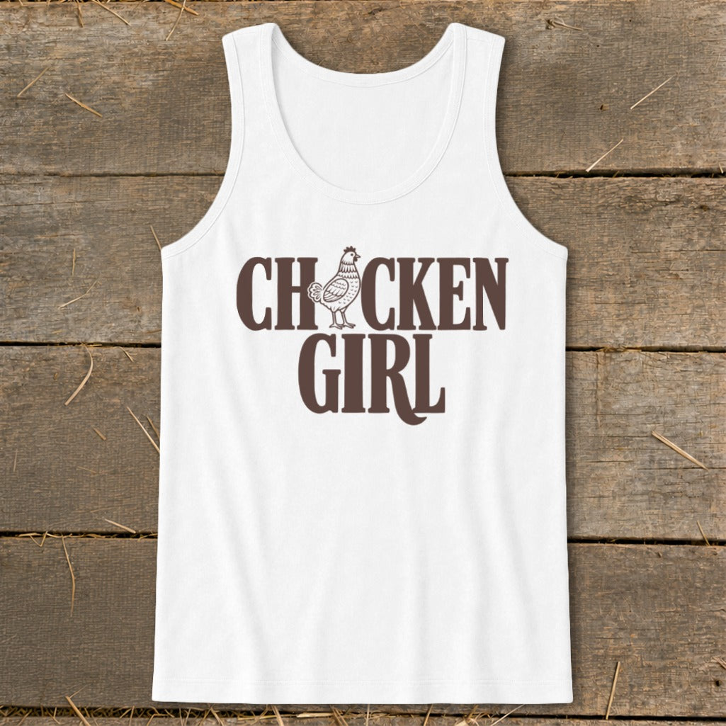 White tank top with brown text and chicken graphic reading "Chicken Girl".