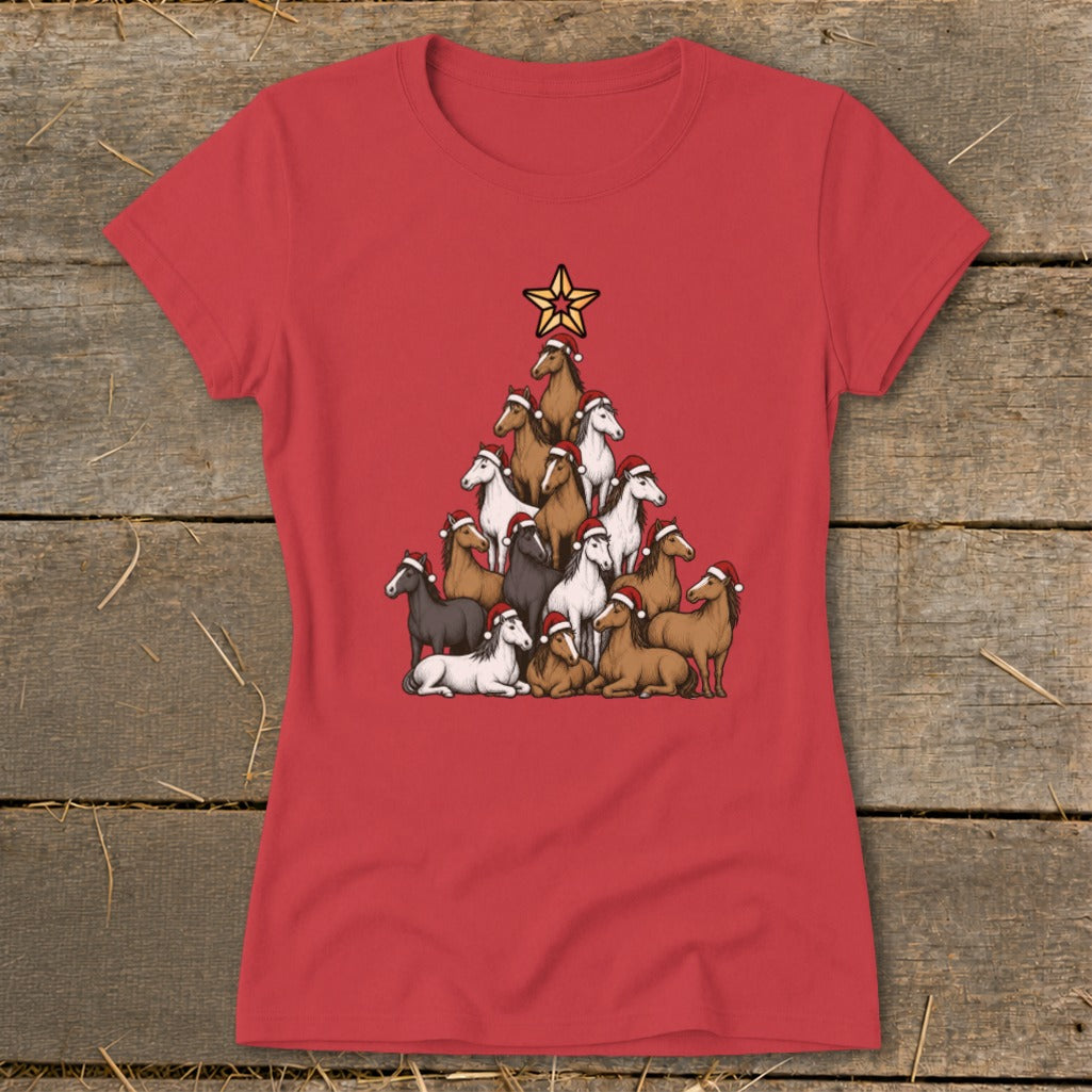 Red t-shirt with a Christmas tree made of horses wearing Santa hats.