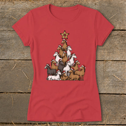 Red t-shirt with a Christmas tree made of horses wearing Santa hats.