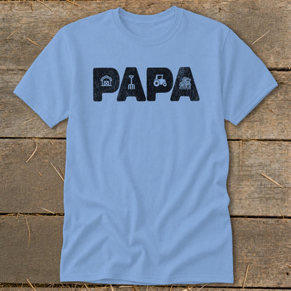 Light blue t-shirt with black "PAPA" text and farm-themed icons.