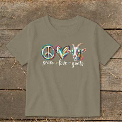 T-shirt with peace, heart, and colorful goat design reading "peace love goats."