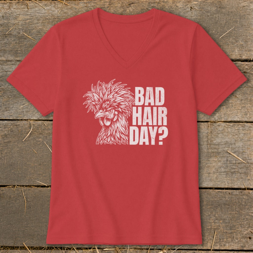 Red v-neck t-shirt with white chicken graphic and text "BAD HAIR DAY?"