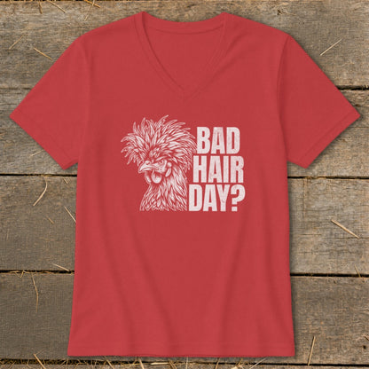 Red v-neck t-shirt with white chicken graphic and text "BAD HAIR DAY?"