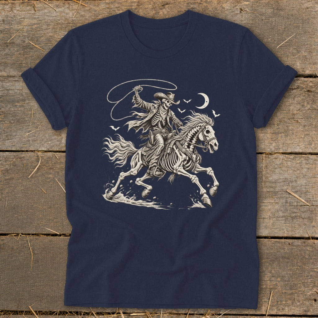 Skeleton cowboy riding a skeleton horse with a lasso under a crescent moon.