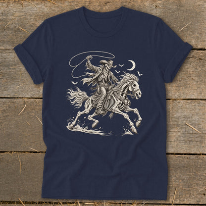 Skeleton cowboy riding a skeleton horse with a lasso under a crescent moon.
