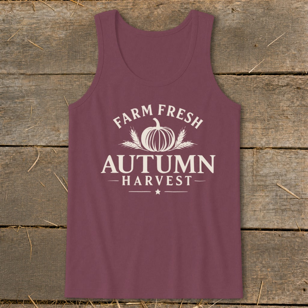 Burgundy tank top with "Farm Fresh Autumn Harvest" text and pumpkin graphic.