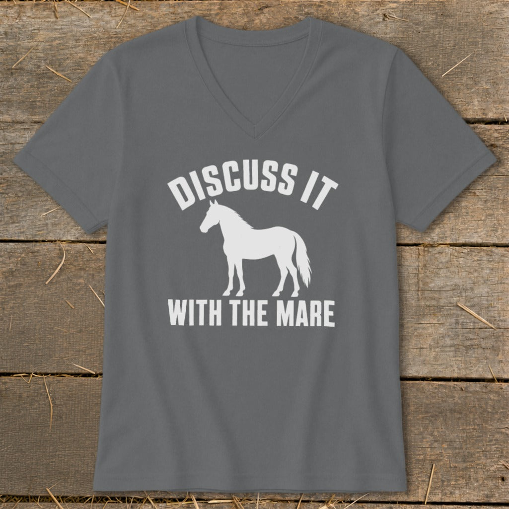 Grey t-shirt with white text "Discuss It With The Mare" and horse silhouette.