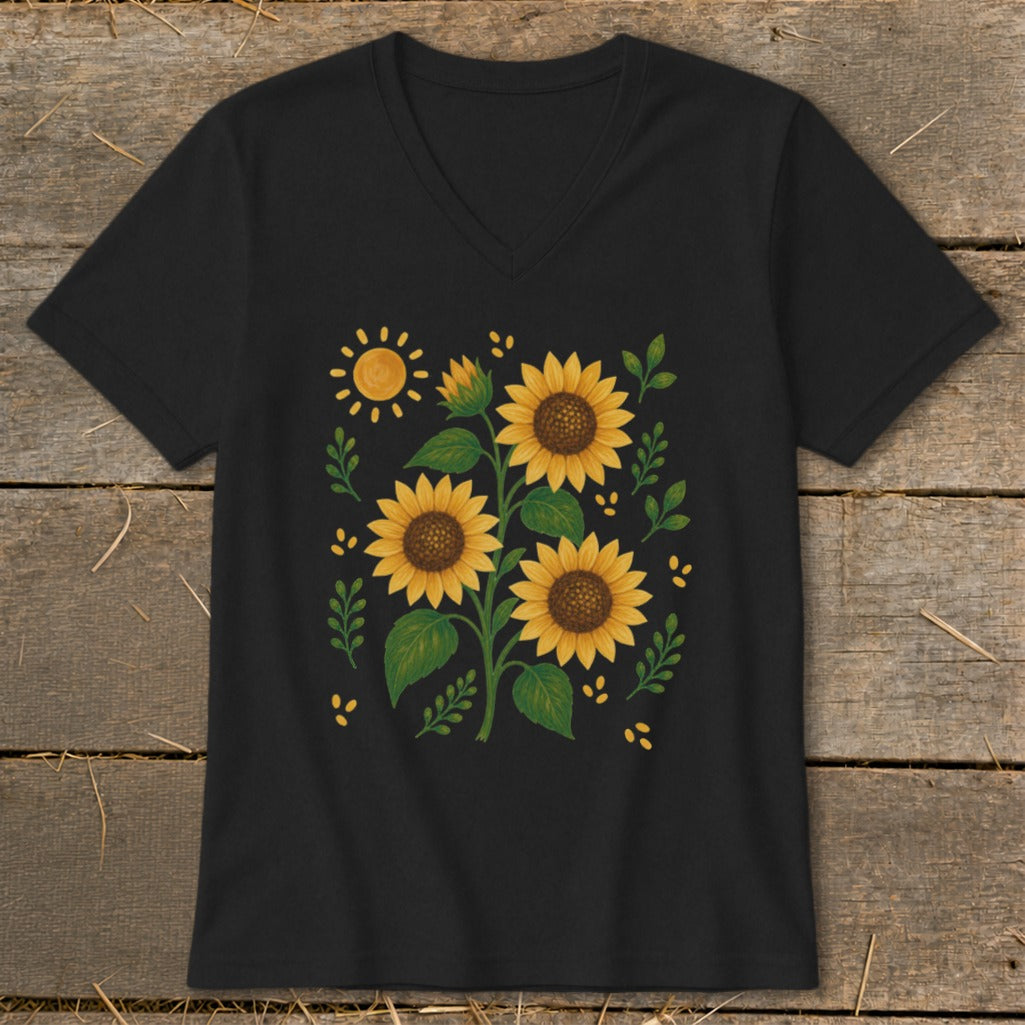 Black t-shirt with a watercolor illustration of sunflowers and a sun.