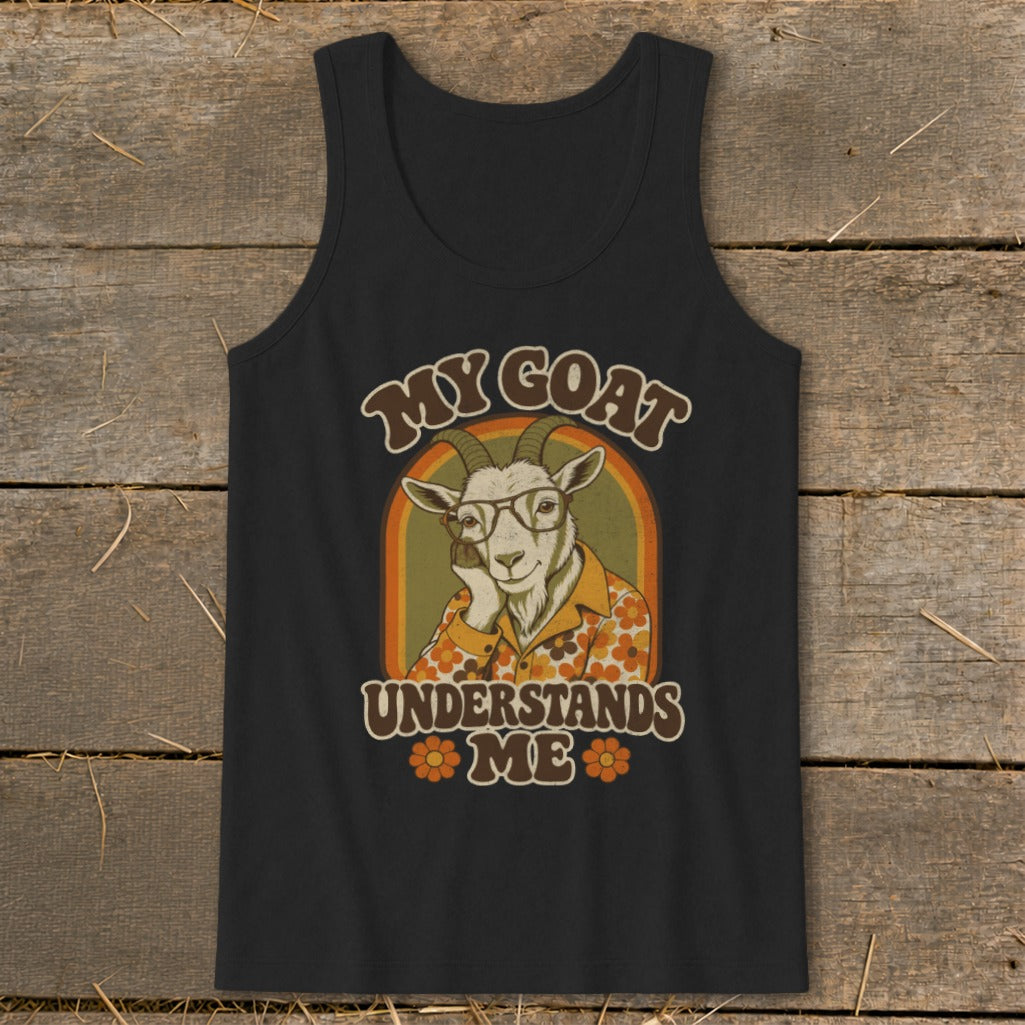 Black tank top with retro graphic of a goat wearing glasses and a floral shirt.