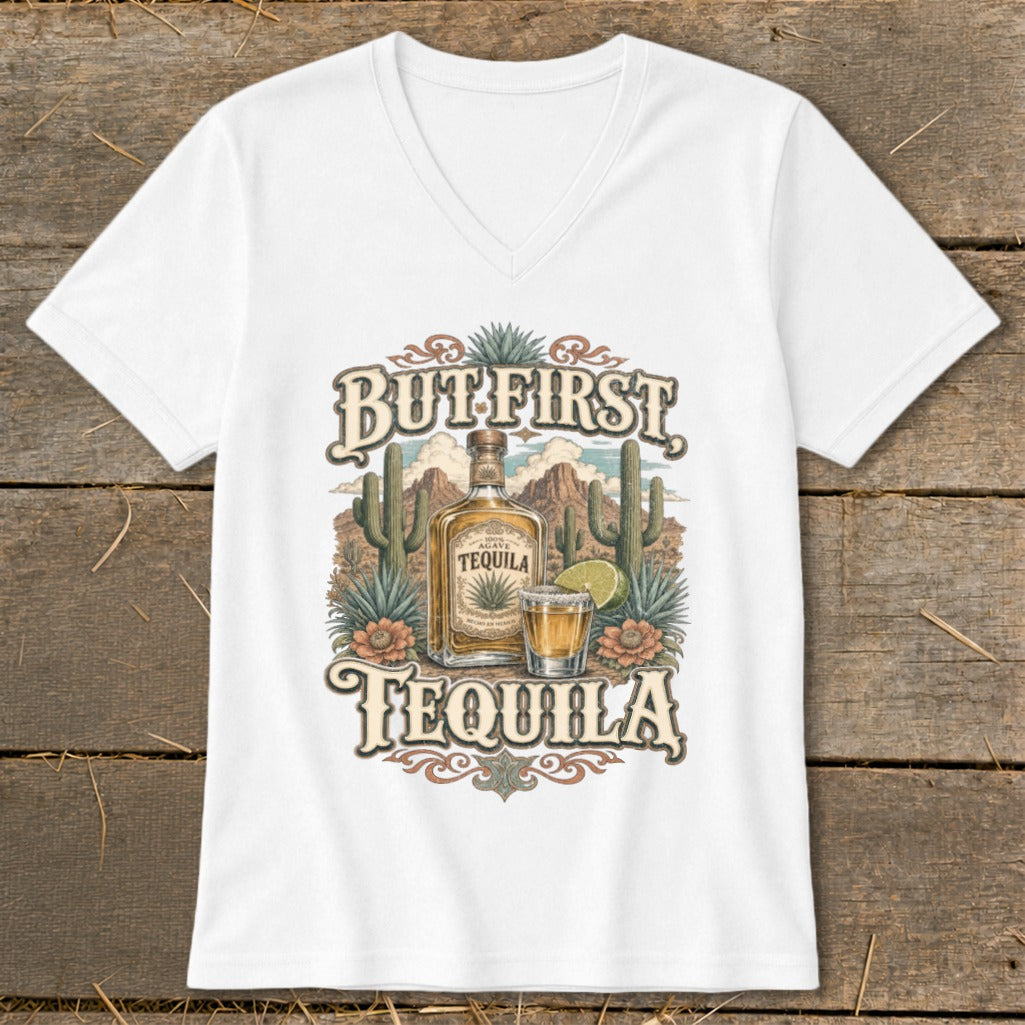 White t-shirt with "But First Tequila" text, bottle, shot glass, and desert landscape.