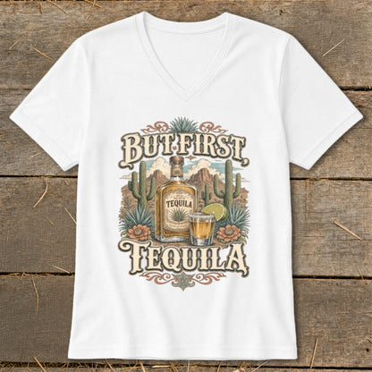 White t-shirt with "But First Tequila" text, bottle, shot glass, and desert landscape.