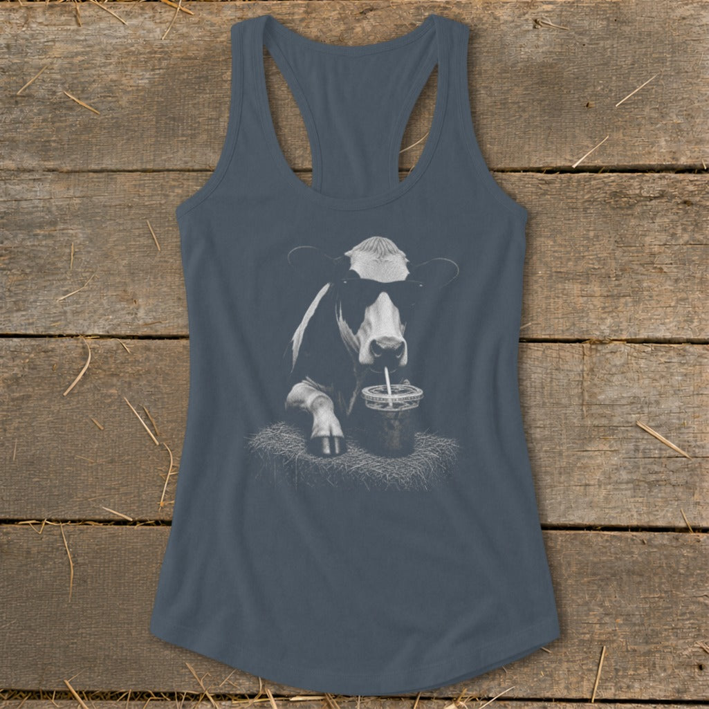 Tank top with graphic of cow wearing sunglasses drinking from a straw.