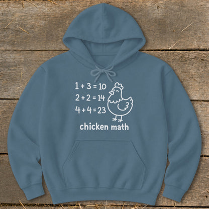Blue hoodie with "chicken math" text and a whimsical chicken illustration.
