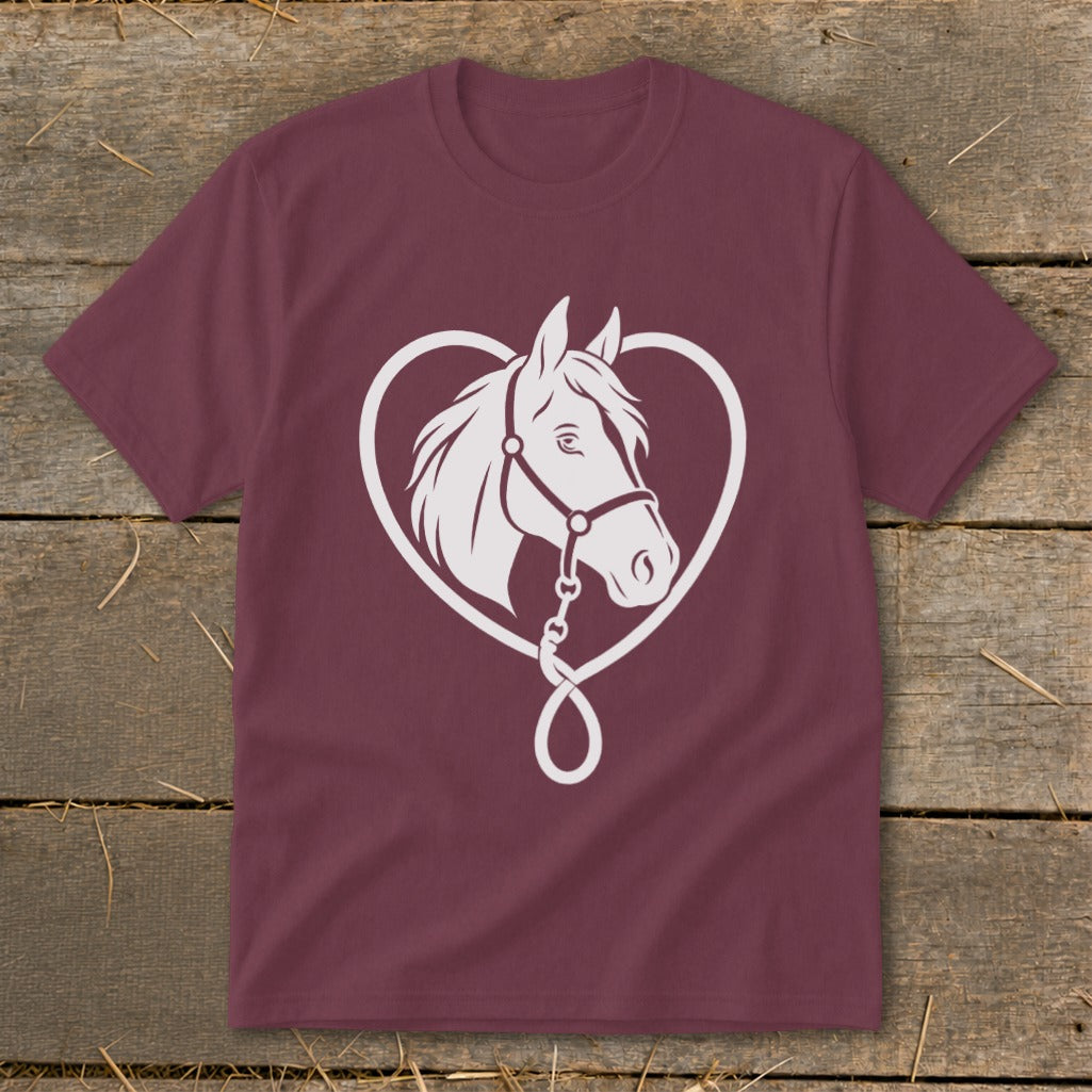 Maroon crew neck t-shirt featuring a white graphic of a horse head inside a heart.