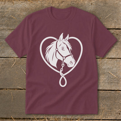 Maroon crew neck t-shirt featuring a white graphic of a horse head inside a heart.