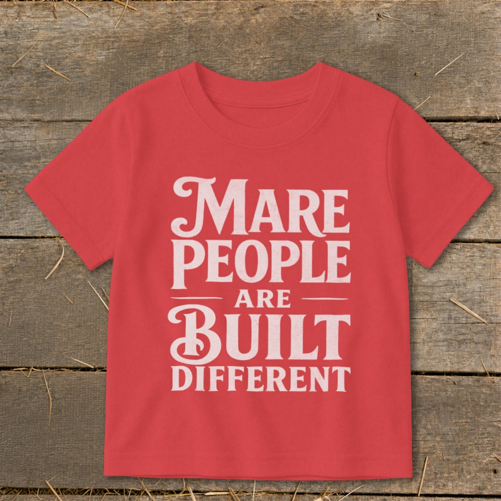 Red t-shirt with white text "Mare People Are Built Different."