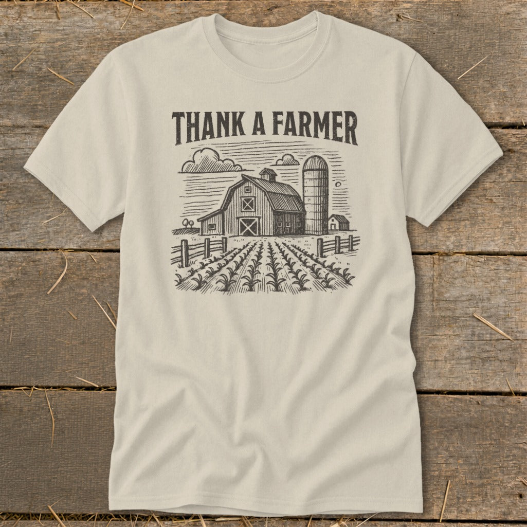 T-shirt with "THANK A FARMER" text and farm scene illustration.