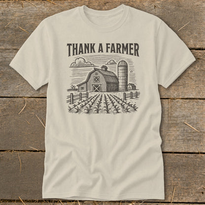 T-shirt with "THANK A FARMER" text and farm scene illustration.