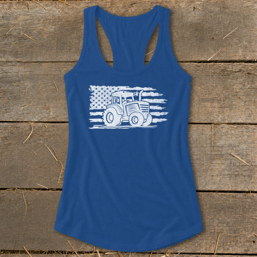Blue tank top with distressed tractor and American flag graphic.