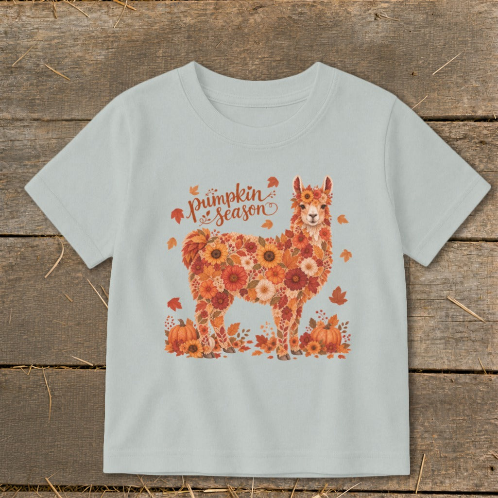Light blue t-shirt with a floral llama and "pumpkin season" text.