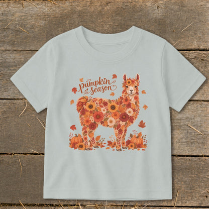 Light blue t-shirt with a floral llama and "pumpkin season" text.