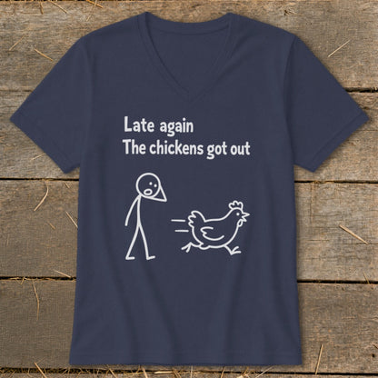 Navy t-shirt with white text "Late again The chickens got out" and cartoon of person chasing chicken.
