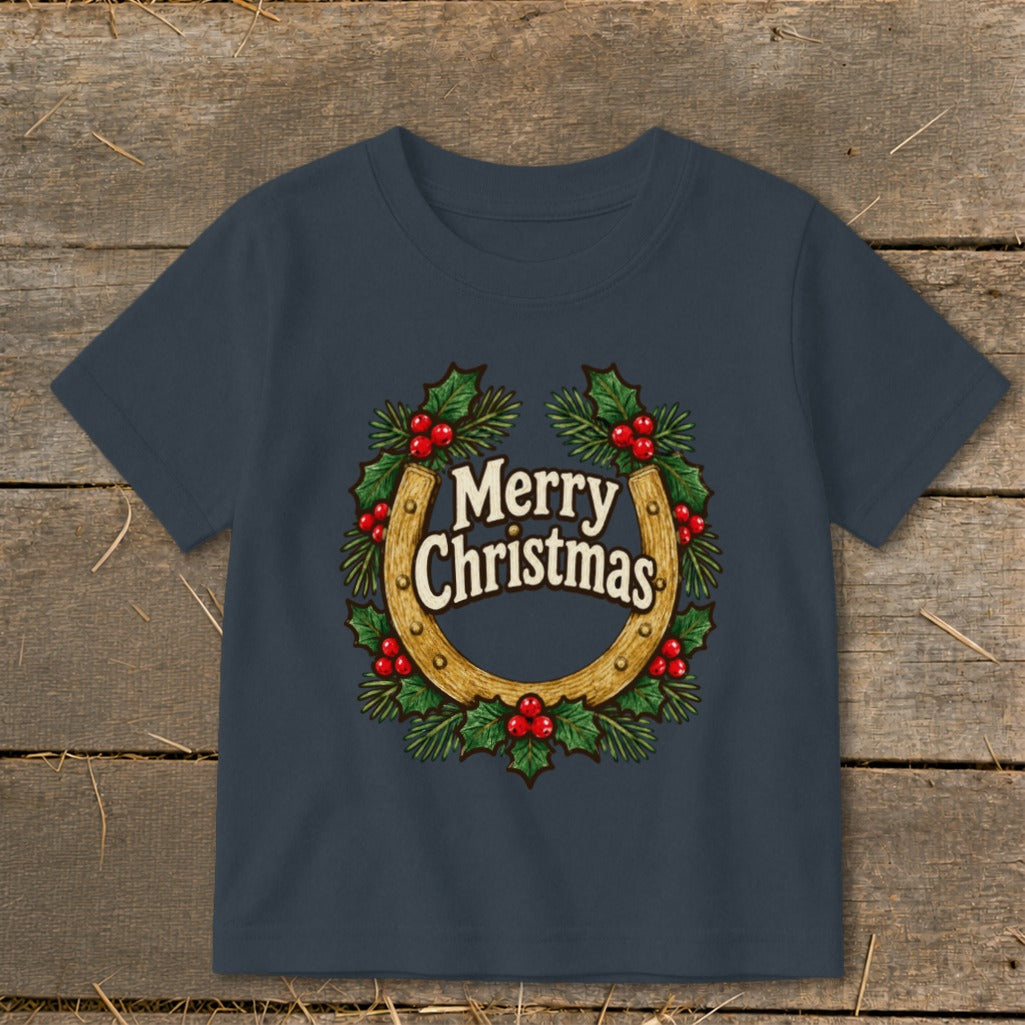 Dark blue t-shirt with a horseshoe, holly, and "Merry Christmas" text design.