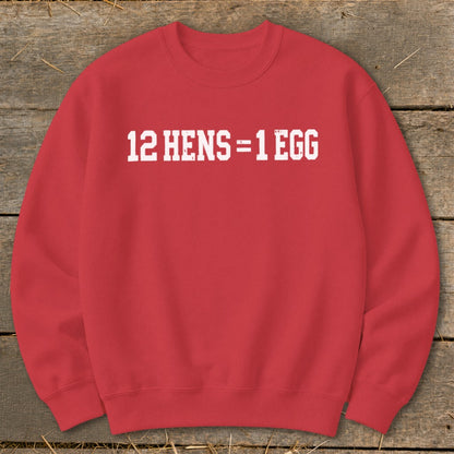 A red crewneck sweatshirt with white text that reads 12 HENS = 1 EGG on the front, laid flat on a wooden background.
